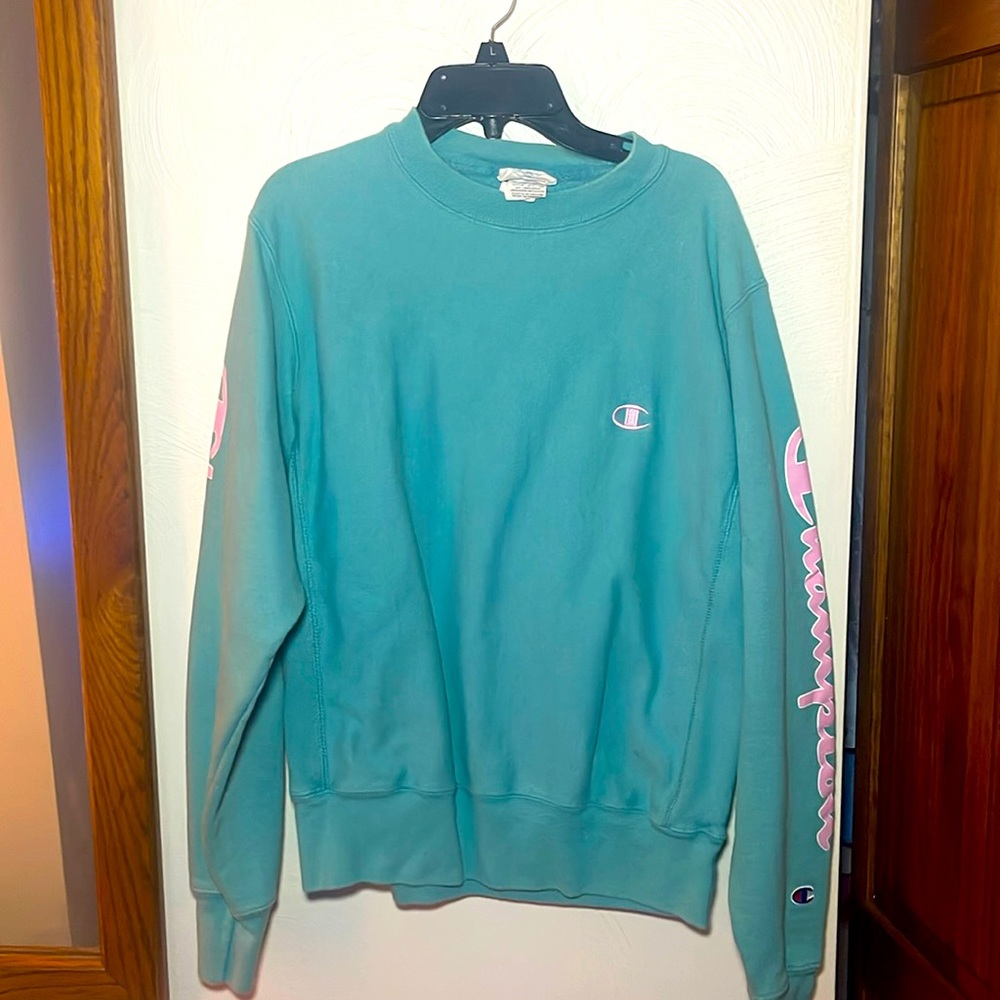 Champion Crew💗 Blue with Pink Lettering. Size Small